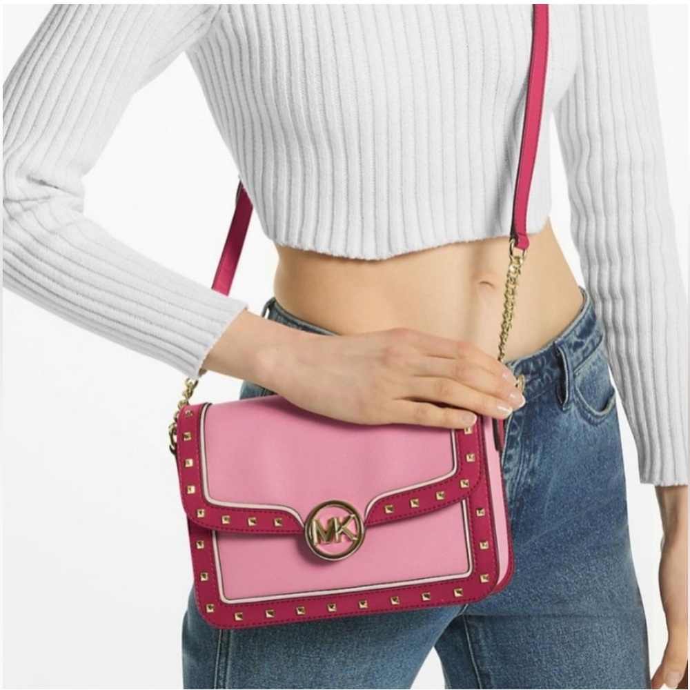 Michael Kors Leida Studded Shoulder Bag Electric Pink Barbie NWT
